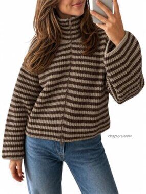 Women's Striped Zip Up Mock Neck Knit Cardigan Long Sleeve Loose Fit Sweater
